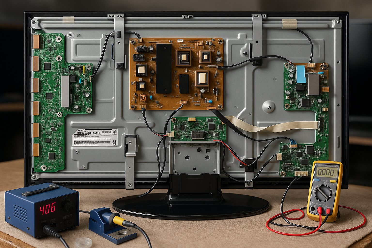 Open flat-screen TV showing internal components